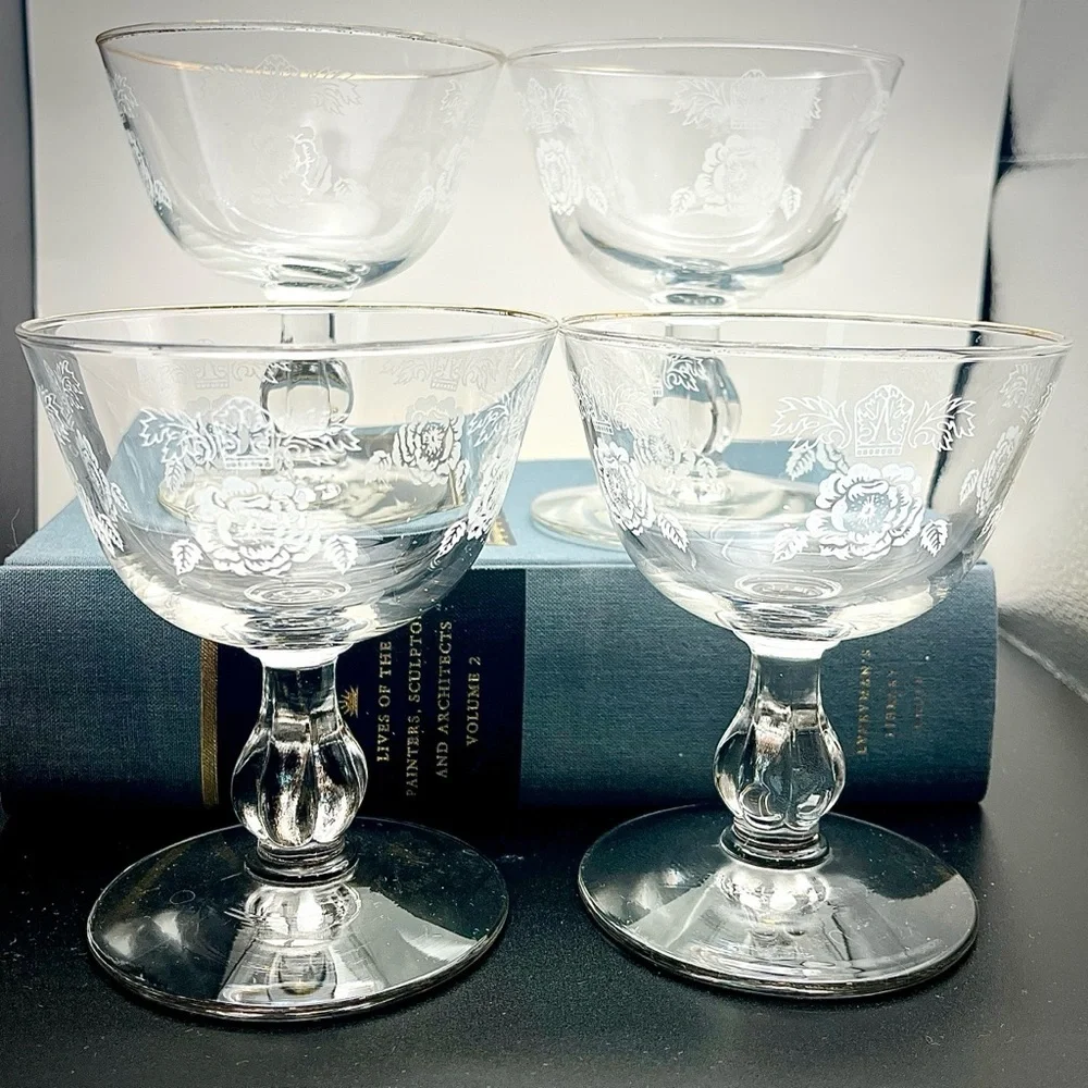 Homer Laughlin 1950’s Queen Esther Rose Floral Etched Sherbert Glasses Set of 4
